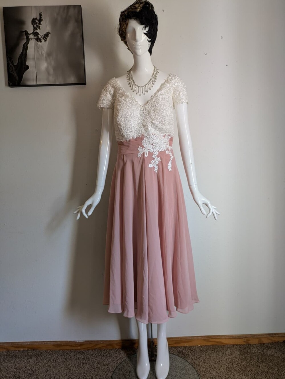 Stunning Dusty Rose & White Lace Midi Dress Fit & Flare Cap Sleeve Wedding Guest